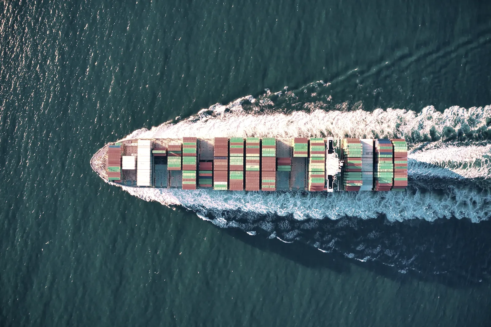 Container vessel under way, seen from above